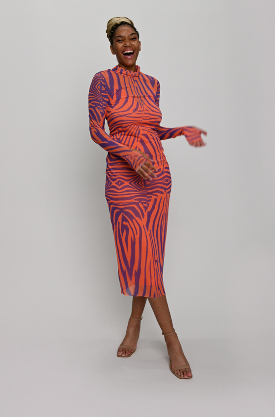 afrm shailene mesh dress AFRM Shailene mesh high neck long sleeve midi dress in ombr green print